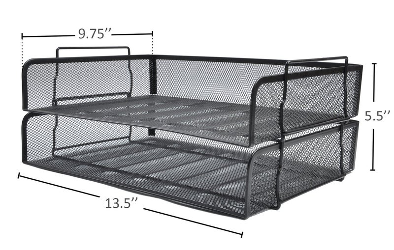 EASEPRES 2 Pack Stackable Desk Paper Tray, Metal Mesh Desktop Document Letter File Organizer for Office Home School, 13.5'' L x 9.75'' W x 5.5'' H, Black - Image 2